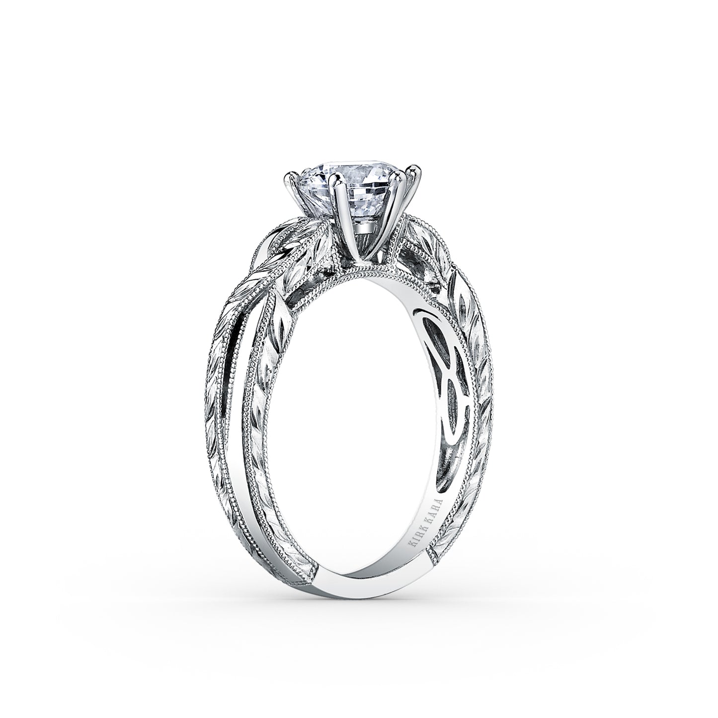 18K White Gold Engraved Twist Cathedral Engagement Ring