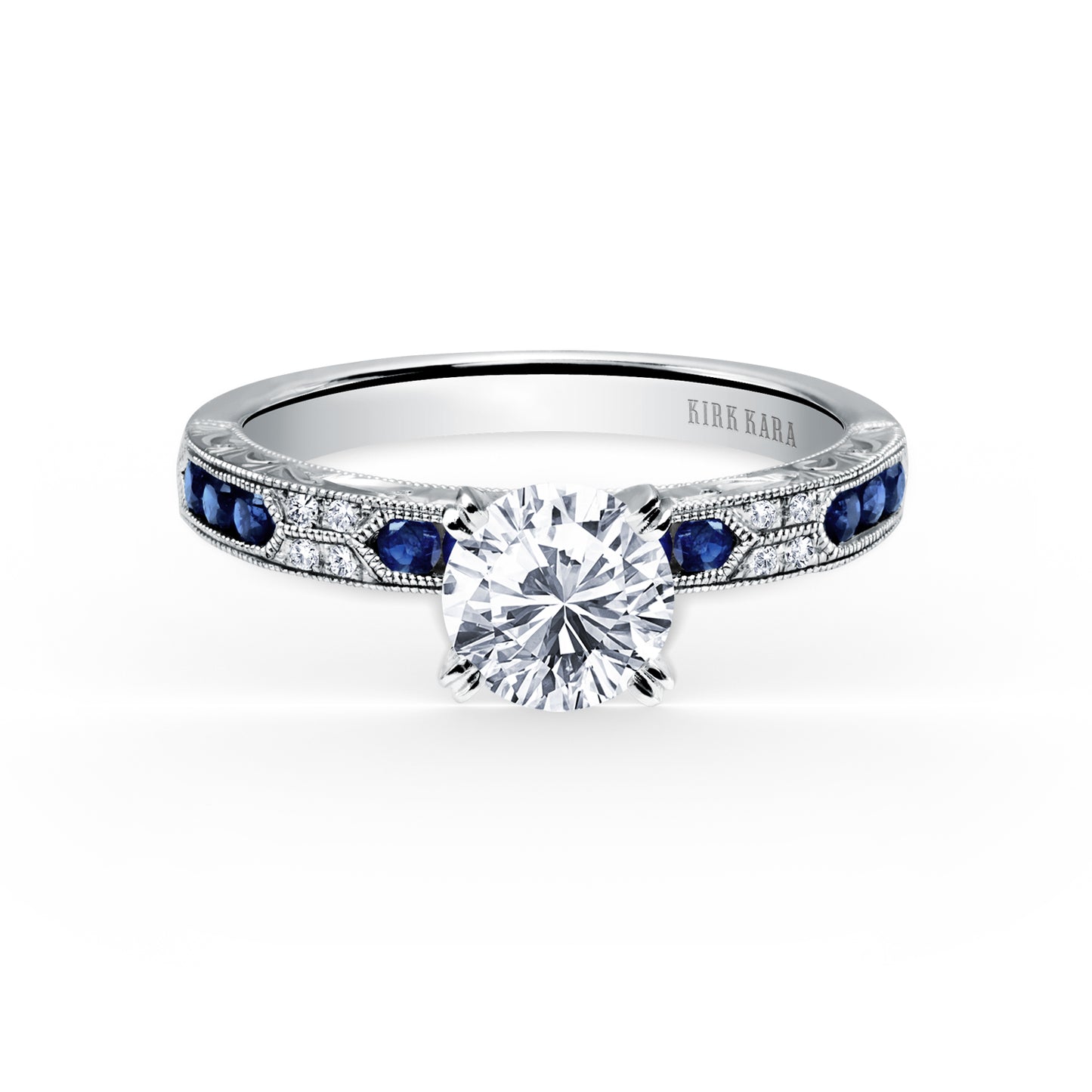 18K White Gold Channel Set Artful Blue Sapphire Diamond Engagement Ring