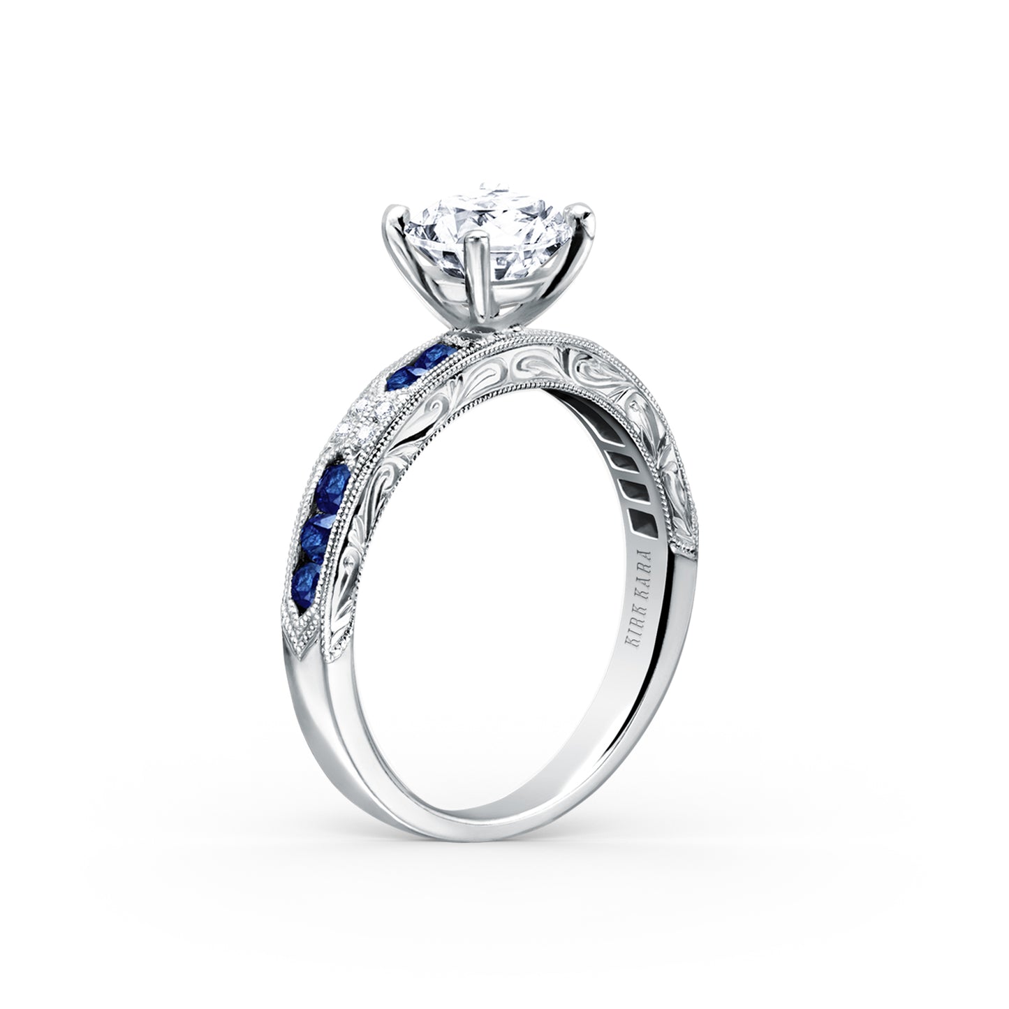 18K White Gold Channel Set Artful Blue Sapphire Diamond Engagement Ring