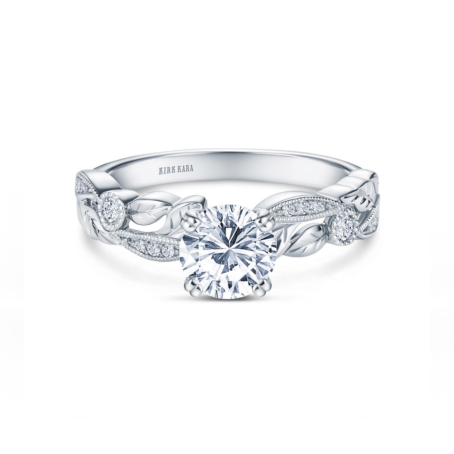 Floral Leaf Engraved Diamond Engagement Ring