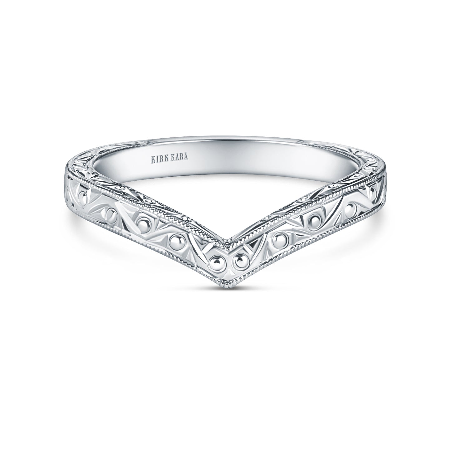 Scroll Engraved Milgrain V-Shaped Wedding Band