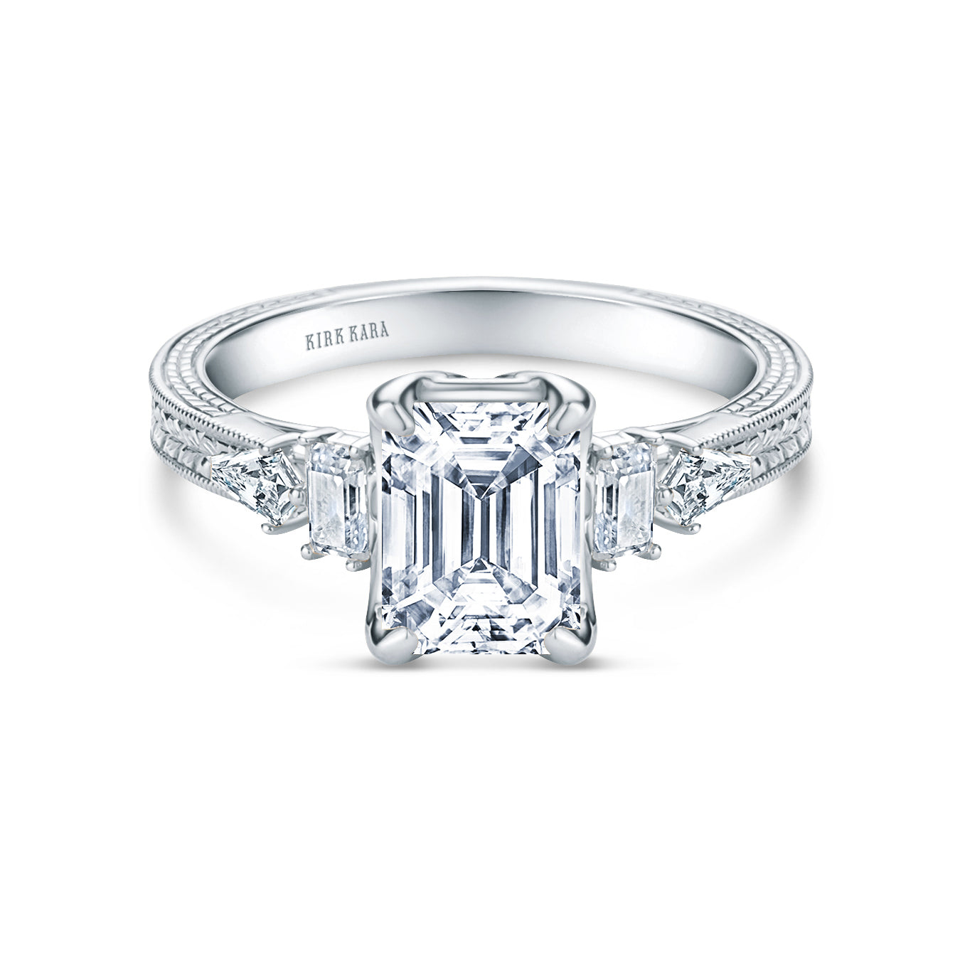 Kite Accent Engraved Cathedral Diamond Engagement Ring