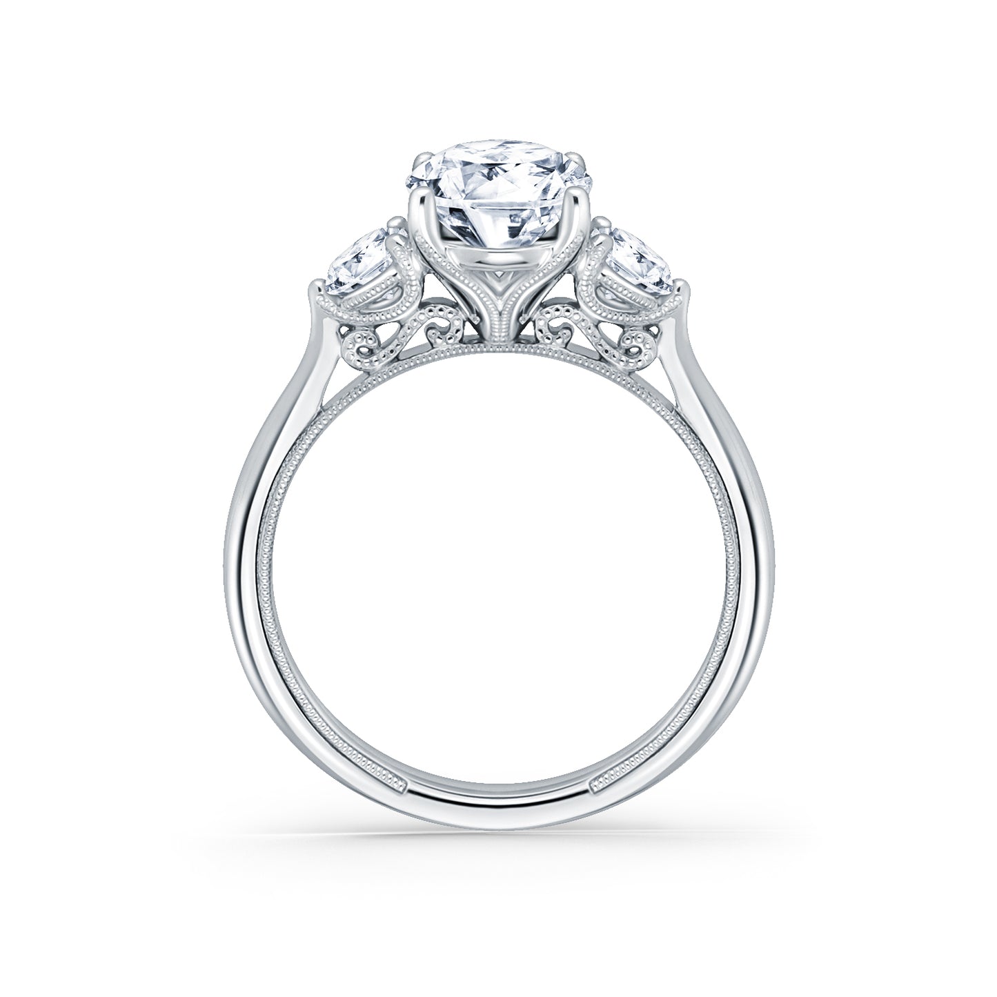 Wide Three Stone Round Side Stone Diamond Engagement Ring