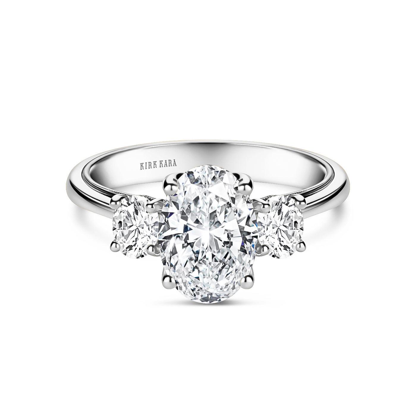 Wide Three Stone Oval Side Stone Diamond Engagement Ring