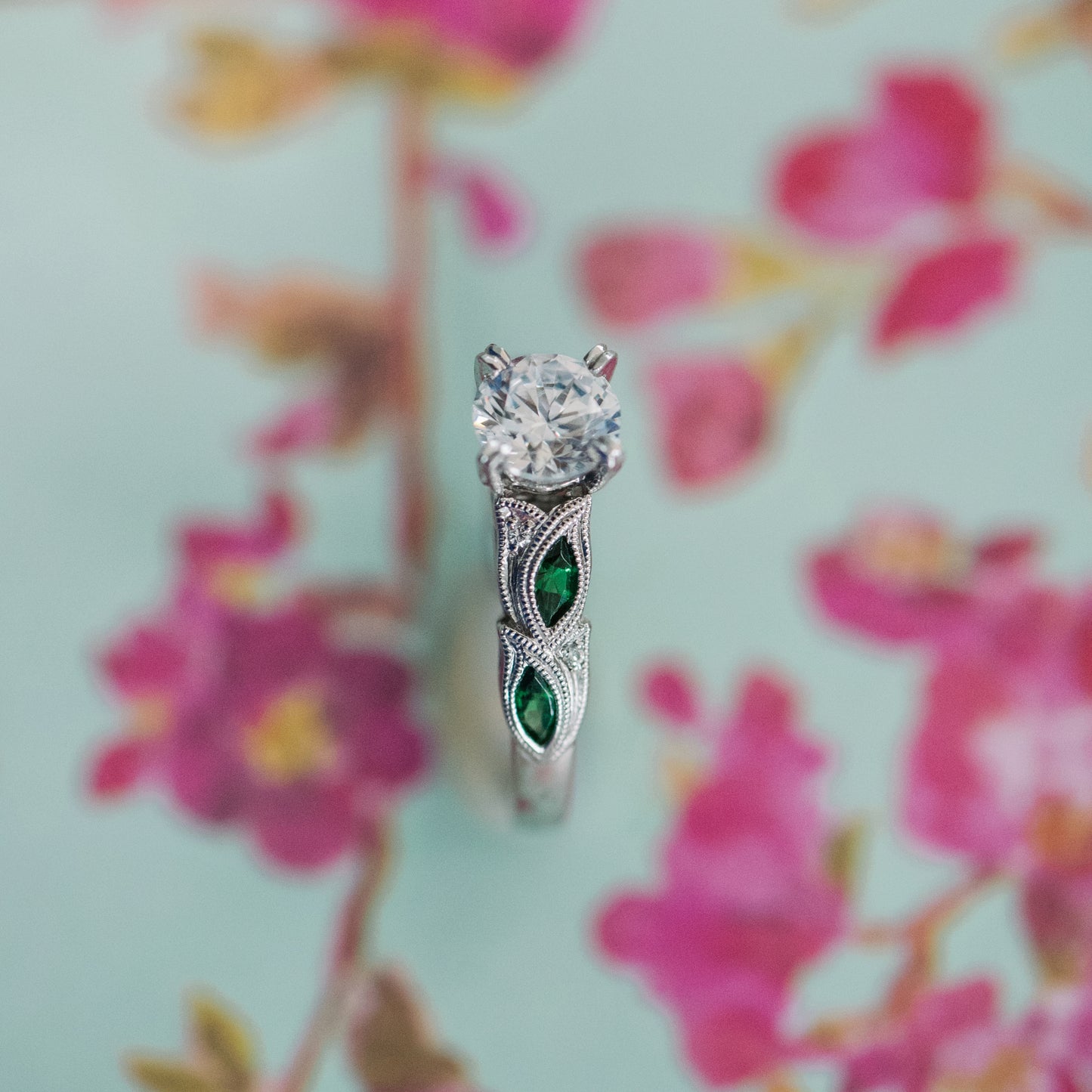 Botanical Floral Tsavorite Marquise Diamond Engagement Ring