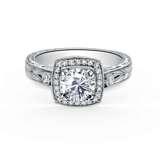 18K White Gold Diamond Halo Engraved Classic Engagement Ring