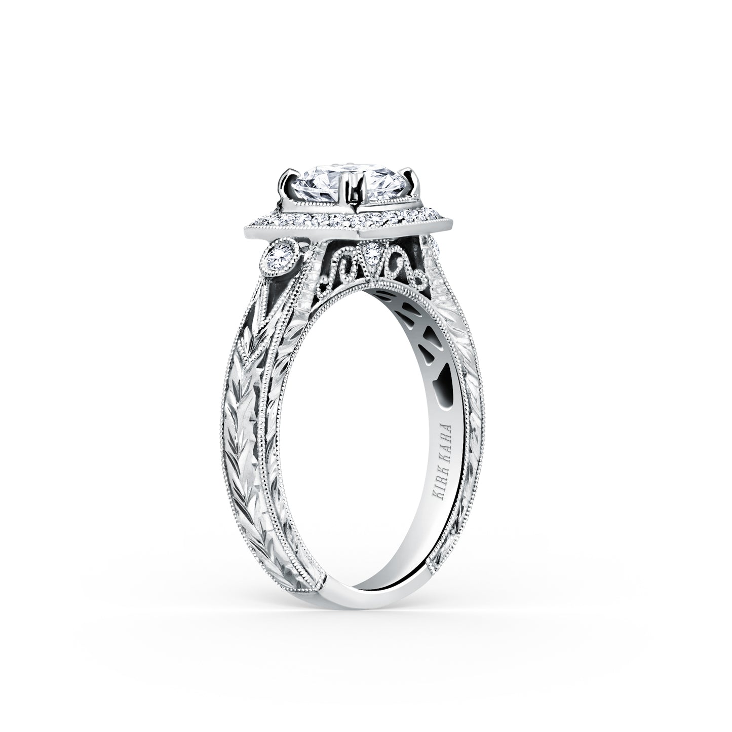 18K White Gold Diamond Halo Engraved Classic Engagement Ring