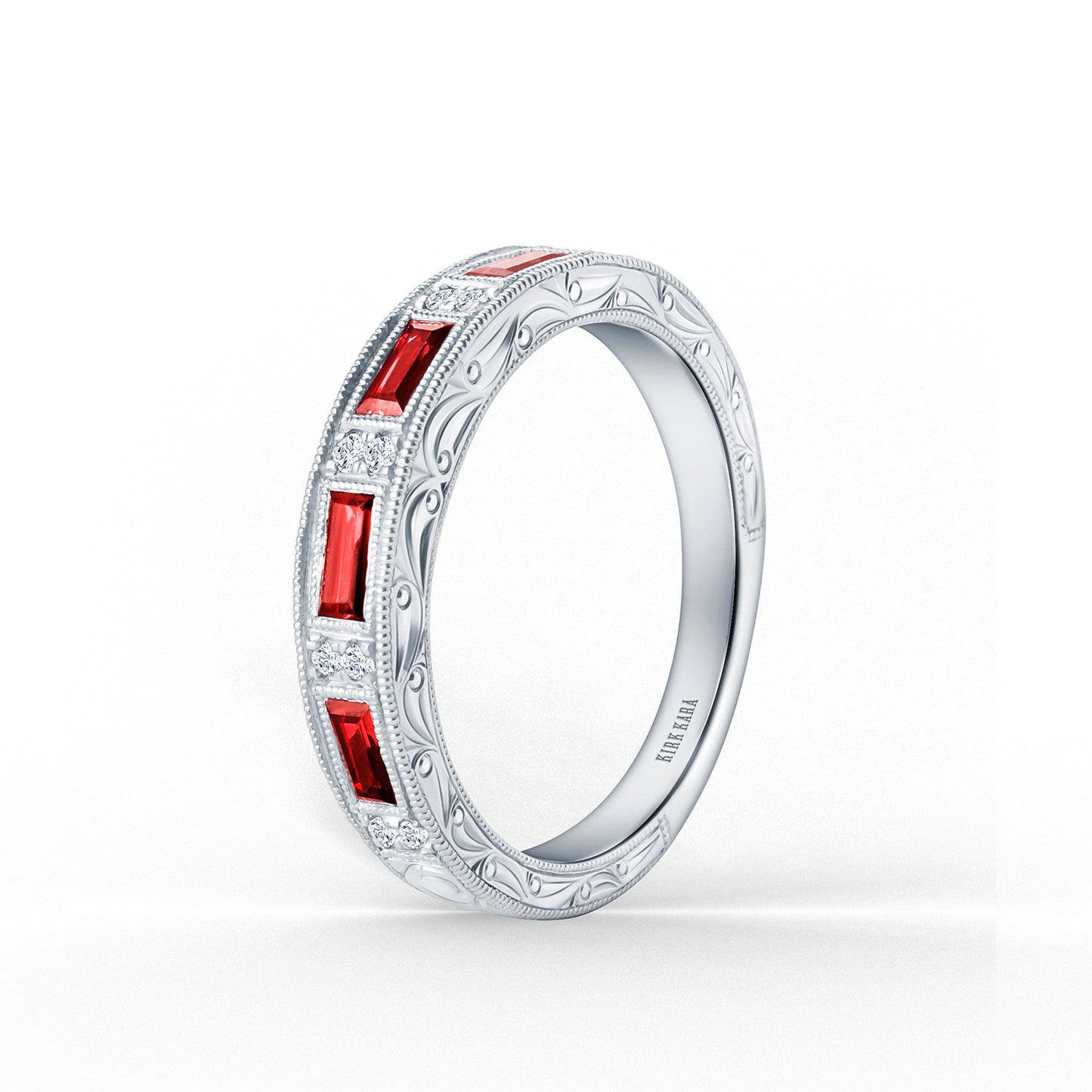 Ruby Baguette Engraved Diamond Wedding Band