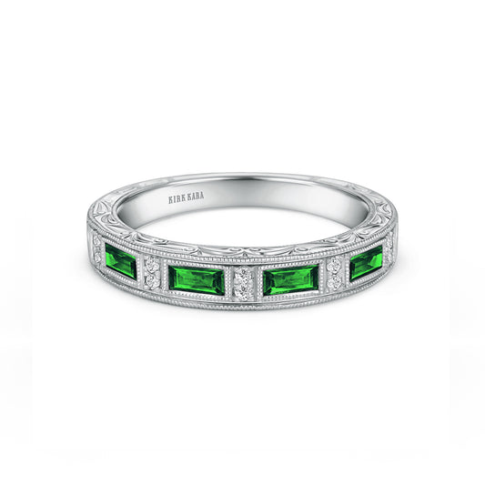 Tsavorite Baguette Engraved Diamond Wedding Band