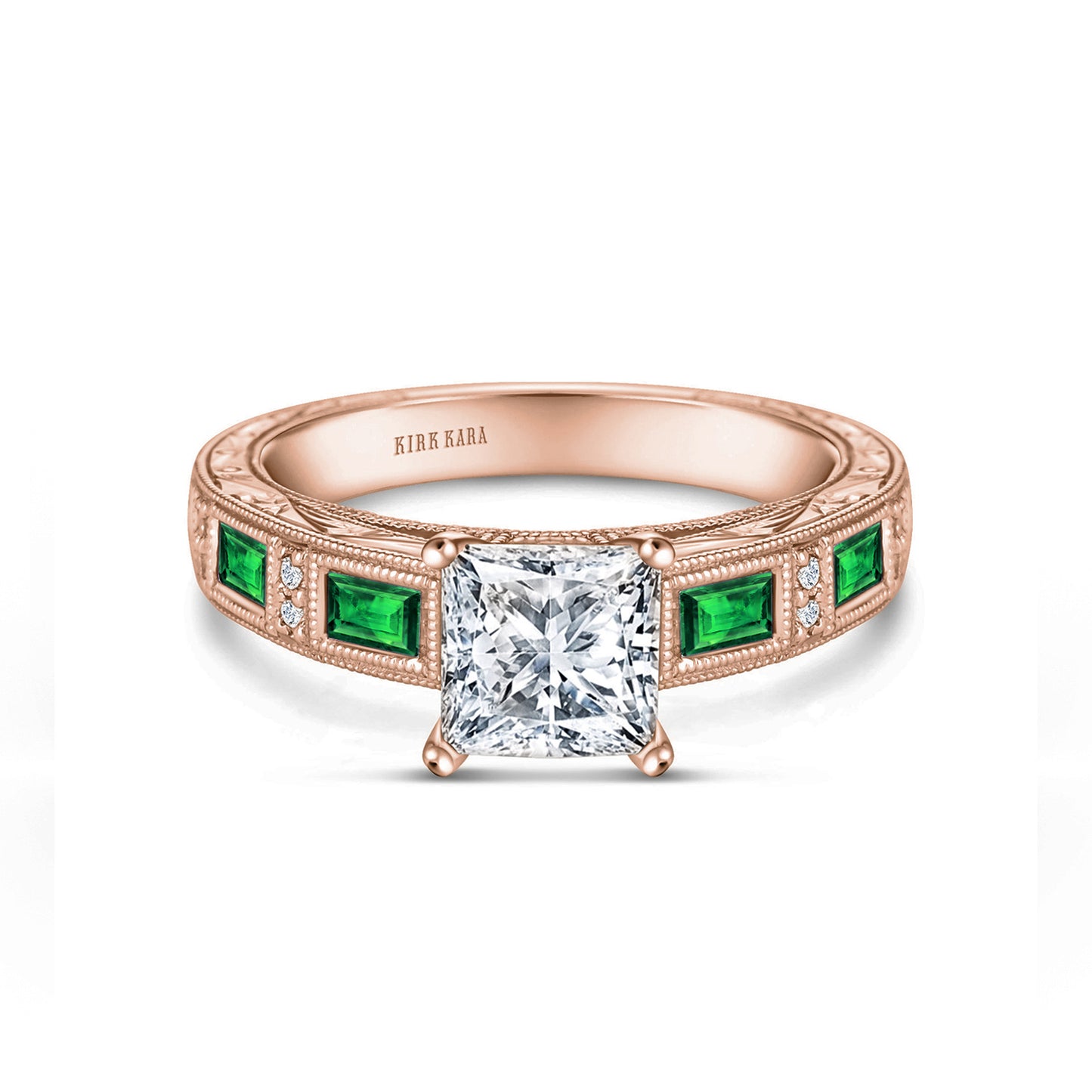 Tsavorite Baguette Engraved Cathedral Diamond Engagement Ring