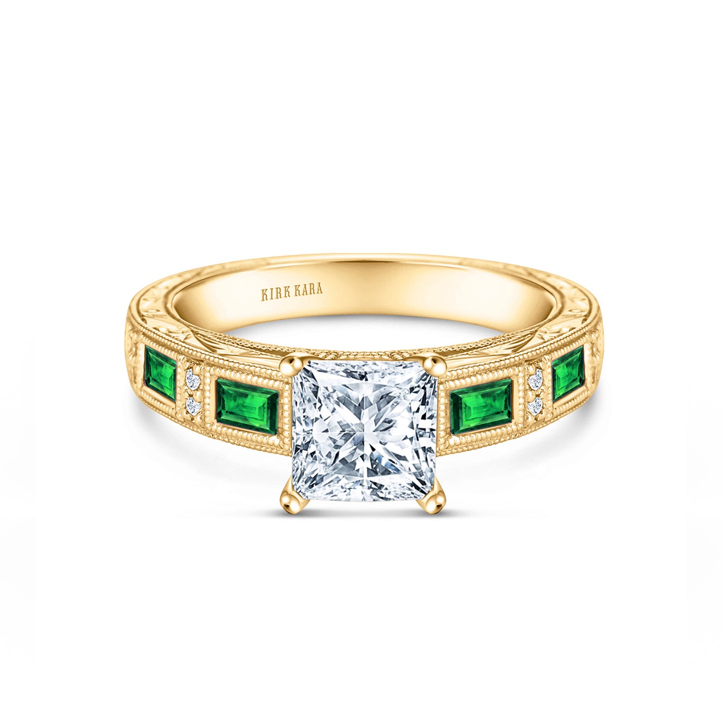 Tsavorite Baguette Engraved Cathedral Diamond Engagement Ring