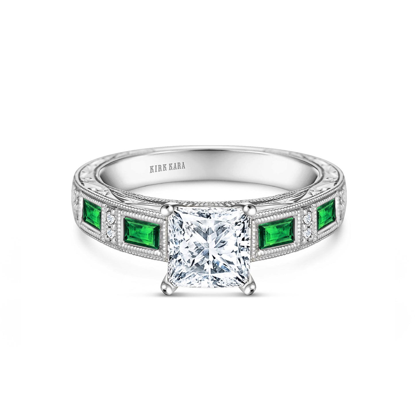 Tsavorite Baguette Engraved Cathedral Diamond Engagement Ring