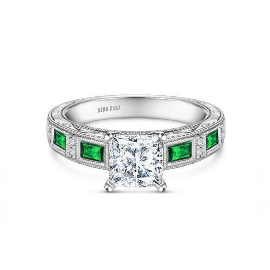 Tsavorite Baguette Engraved Cathedral Diamond Engagement Ring