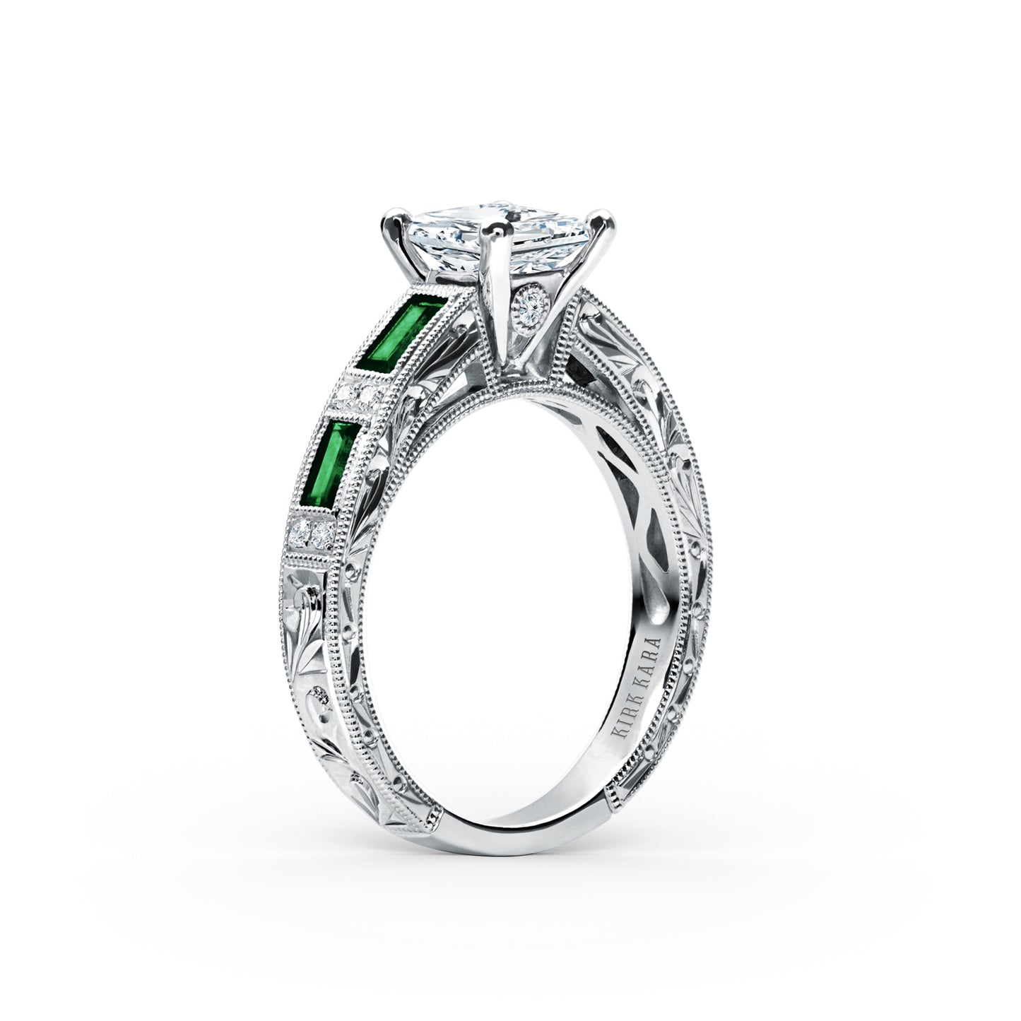 Platinum Tsavorite Baguette Engraved Cathedral Diamond Engagement Ring