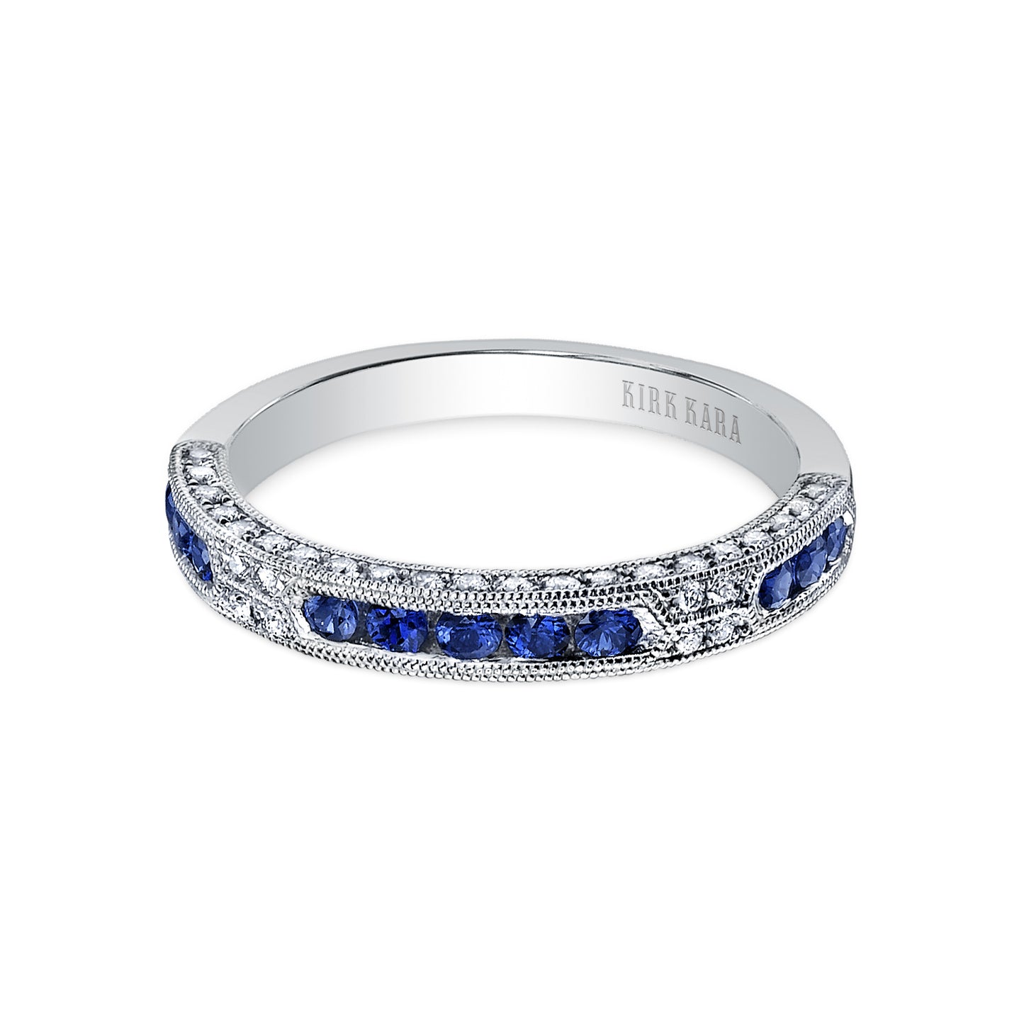 Blue Sapphire Channel Milgrain Diamond Wedding Band