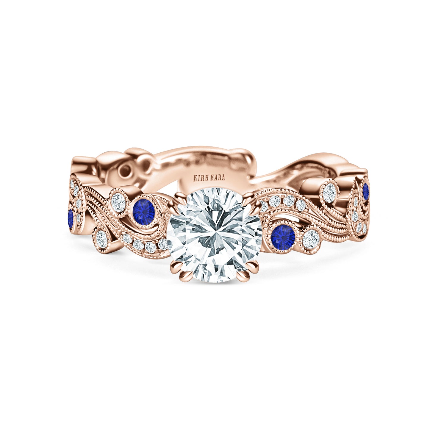 Whimsical Swirl Milgrain Blue Sapphire Diamond Engagement Ring