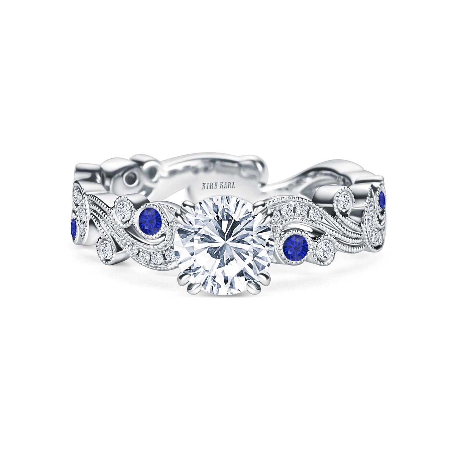 Whimsical Swirl Milgrain Blue Sapphire Diamond Engagement Ring