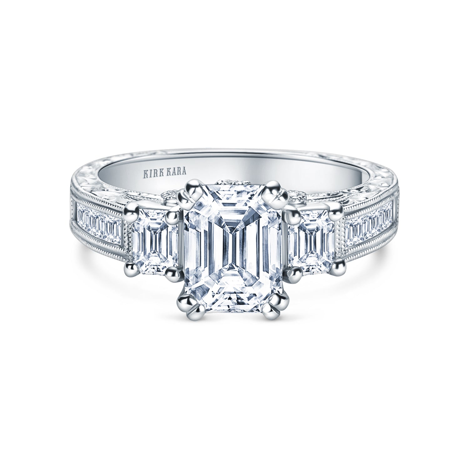 Three Stone Diamond Ring w/ Baguette Accents 14K White Gold