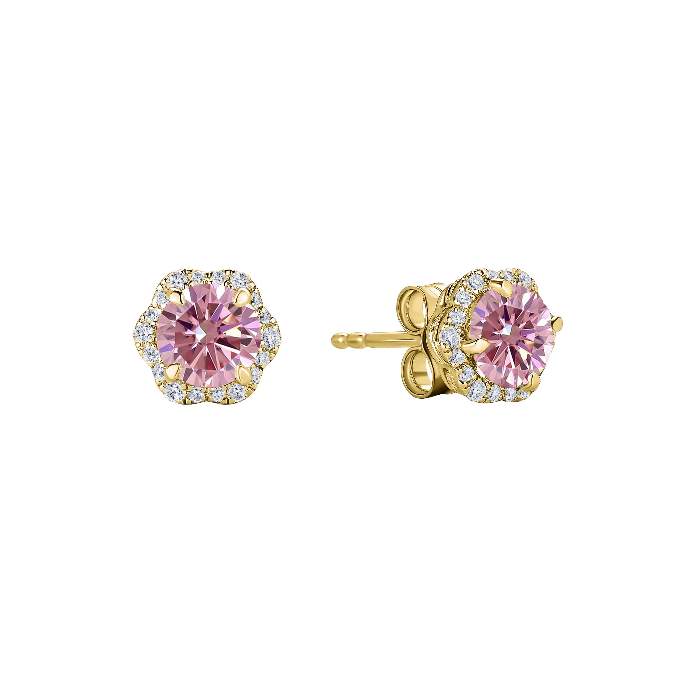 Floral Milgrain Pink Moissanite Diamond Stud Earrings 14K Yellow Gold / Natural